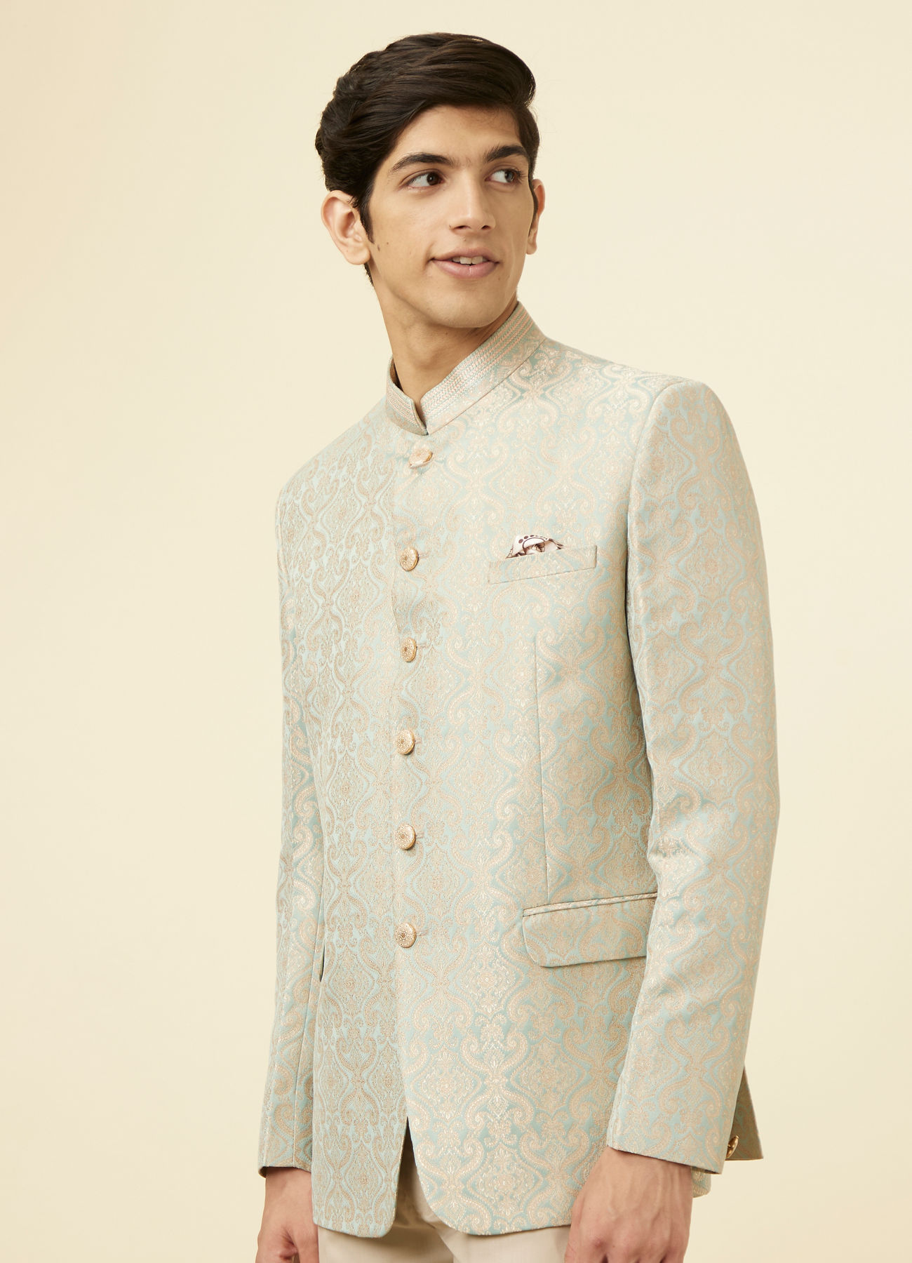 Manyavar Men Pistachio Green Ogee Patterned Suit