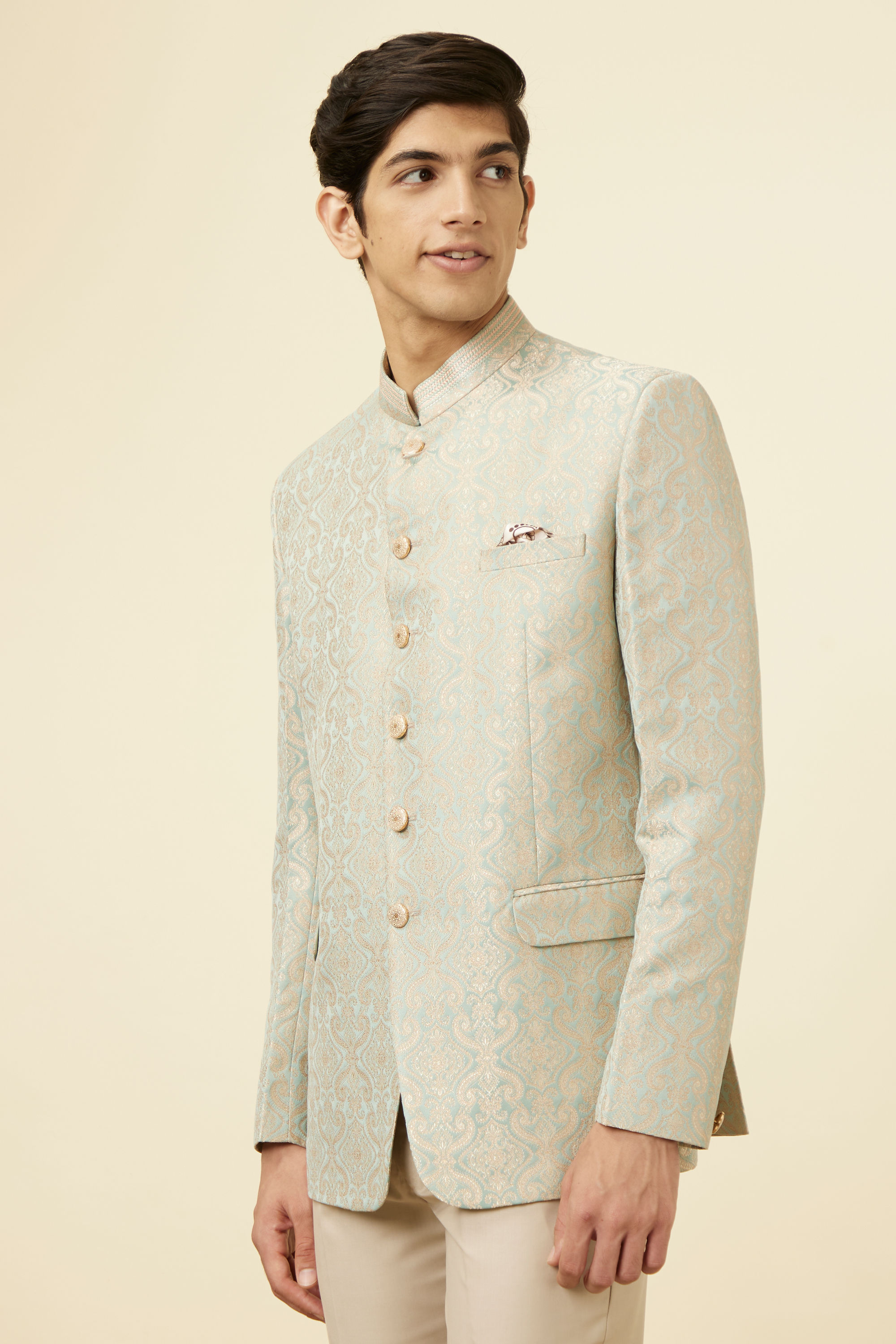 Manyavar Men Pistachio Green Ogee Patterned Suit