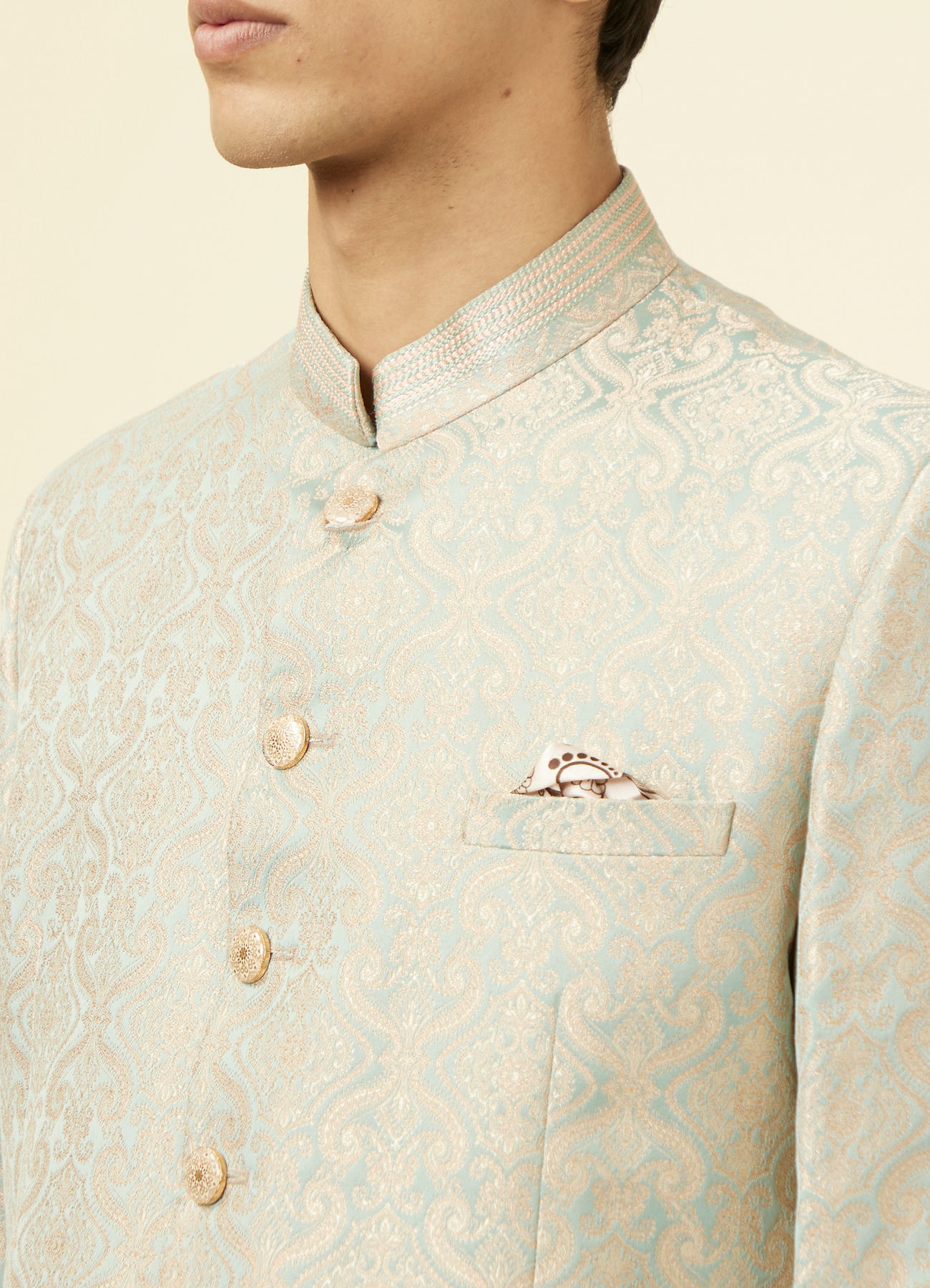 Manyavar Men Pistachio Green Ogee Patterned Suit