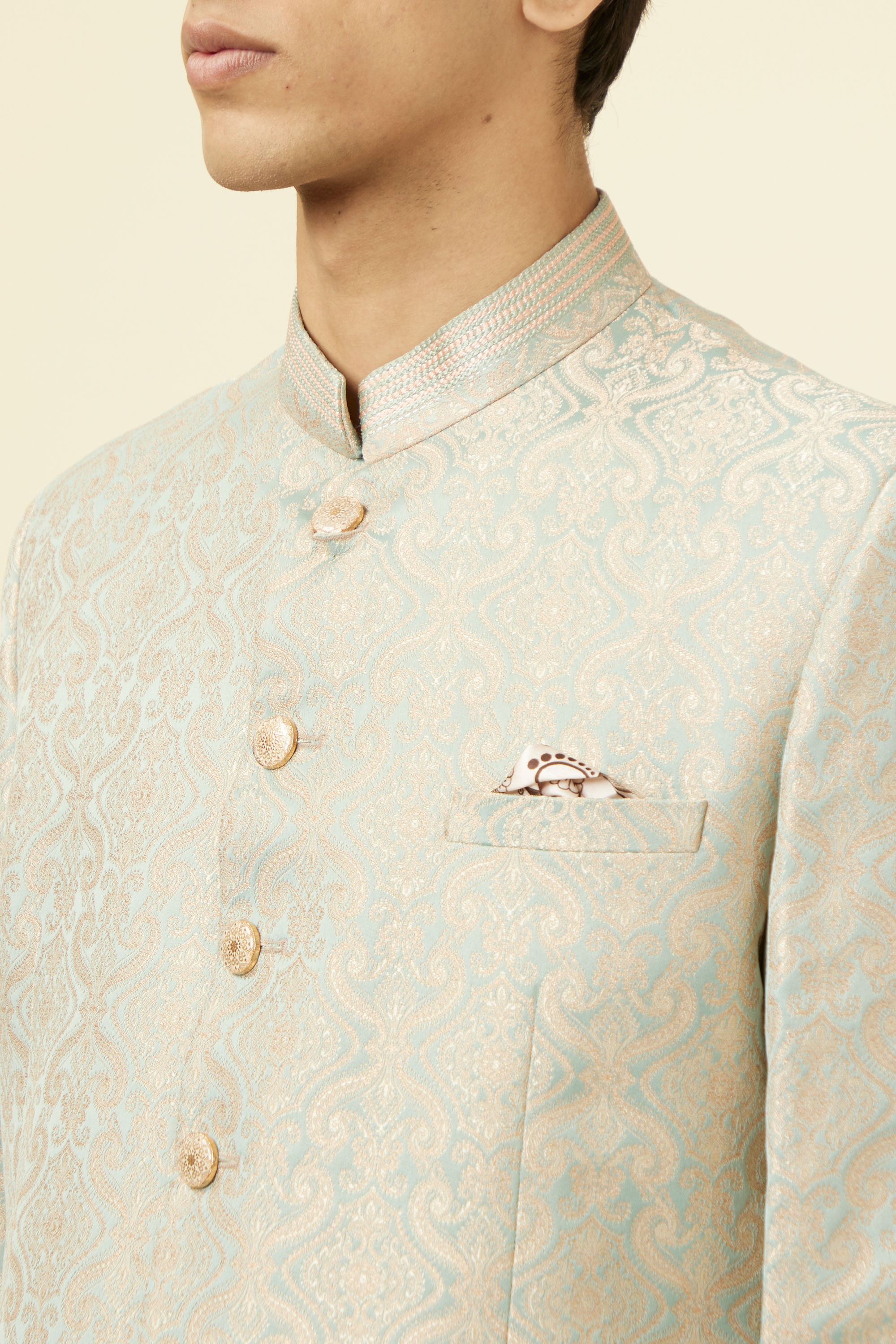 Manyavar Men Pistachio Green Ogee Patterned Suit