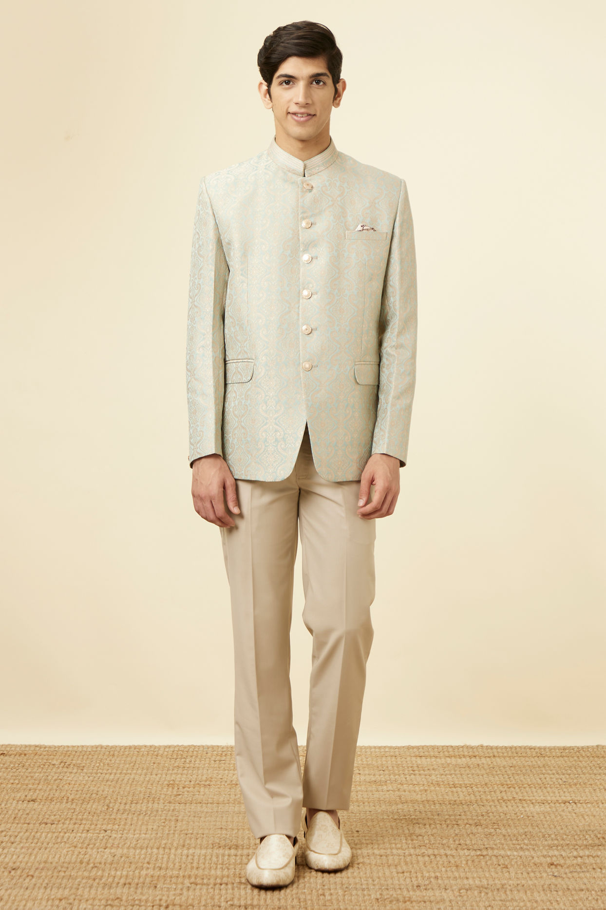 Manyavar Men Pistachio Green Ogee Patterned Suit