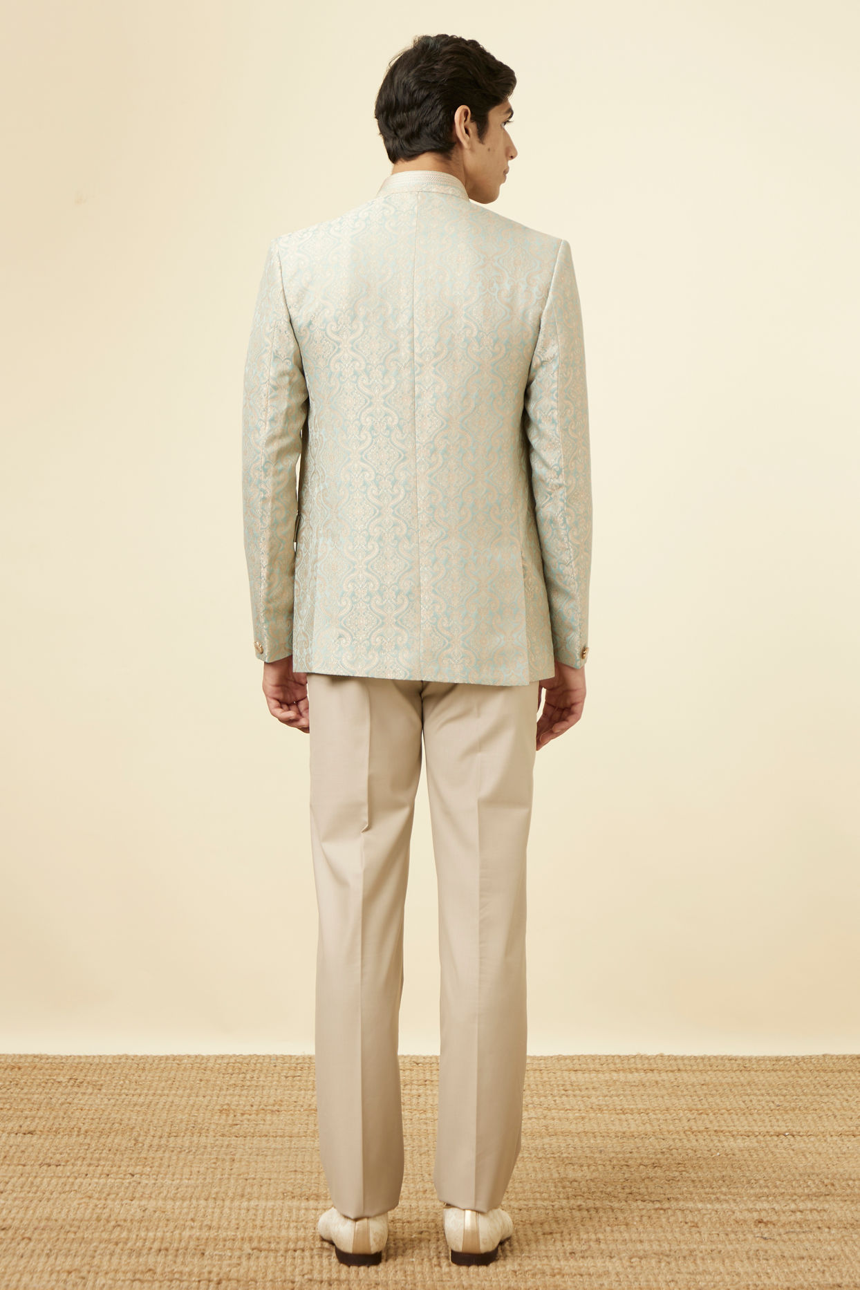 Manyavar Men Pistachio Green Ogee Patterned Suit