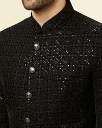 Manyavar Men Midnight Black Grid Patterned Sequined Suit