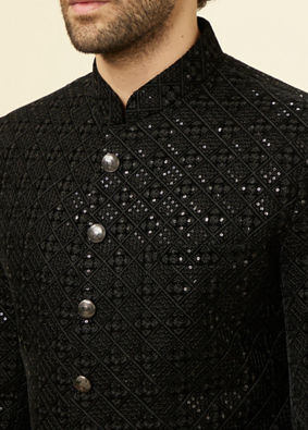 alt message - Manyavar Men Midnight Black Grid Patterned Sequined Suit image number 1