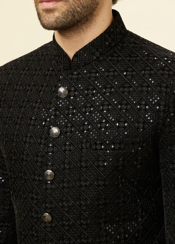 Manyavar Men Midnight Black Grid Patterned Sequined Suit