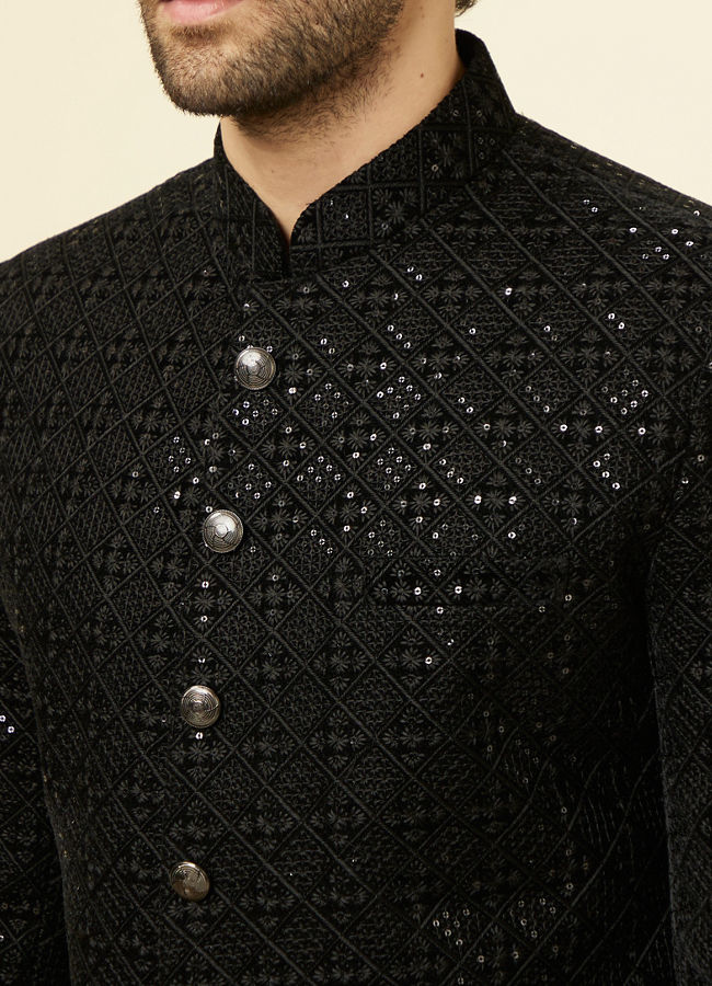 alt message - Manyavar Men Midnight Black Grid Patterned Sequined Suit image number 1