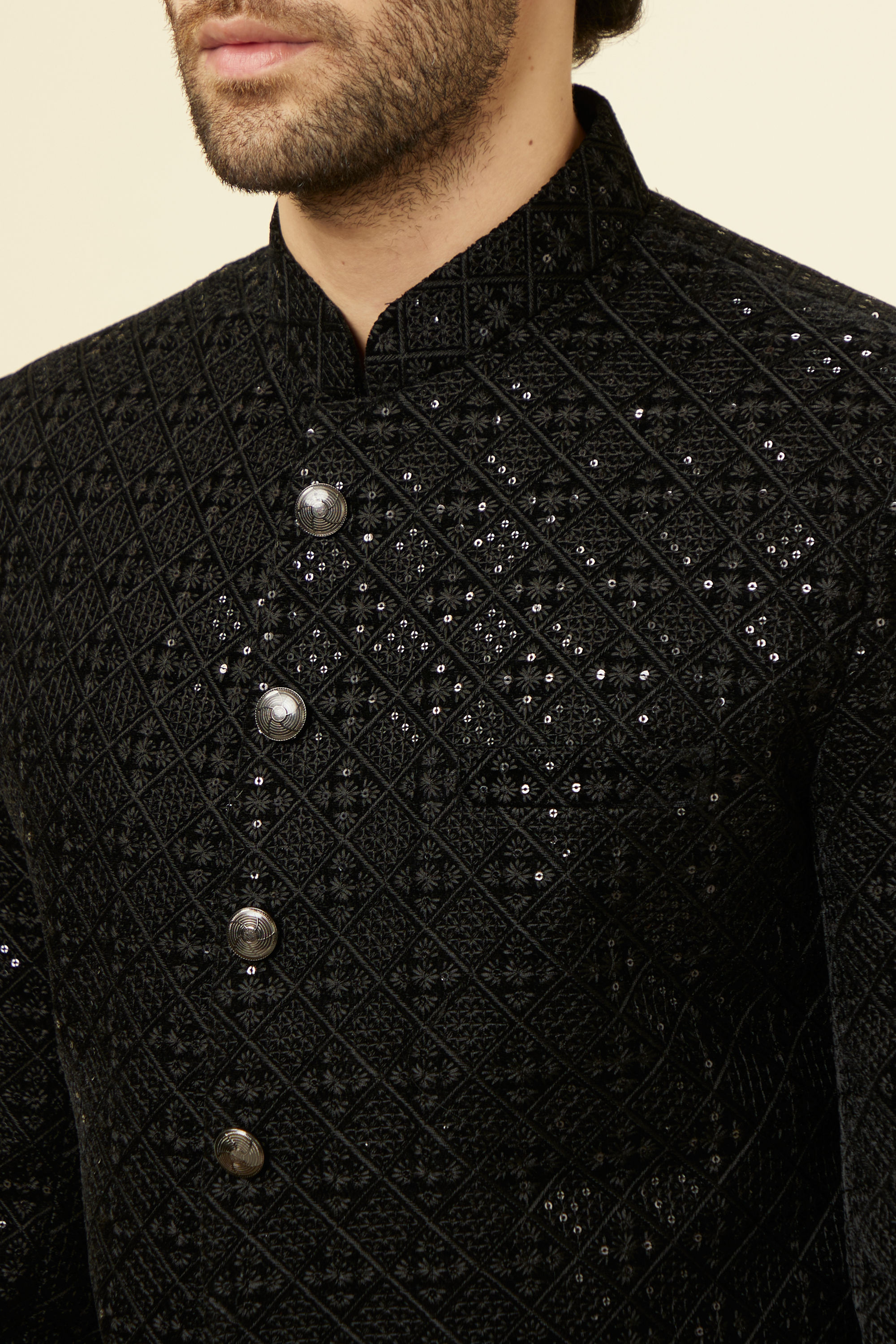 Manyavar Men Midnight Black Grid Patterned Sequined Suit