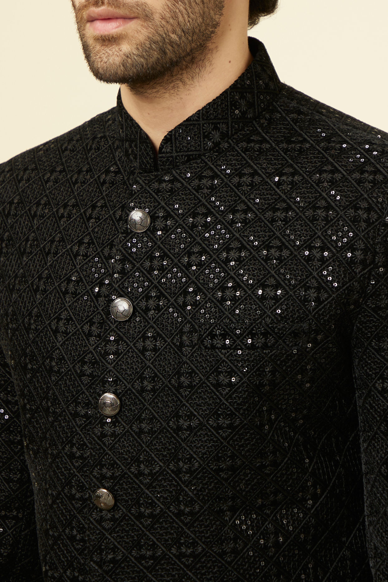 alt message - Manyavar Men Midnight Black Grid Patterned Sequined Suit image number 1