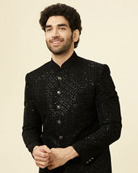 Manyavar Men Midnight Black Grid Patterned Sequined Suit