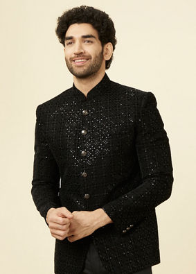 alt message - Manyavar Men Midnight Black Grid Patterned Sequined Suit image number 0