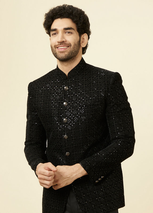 alt message - Manyavar Men Midnight Black Grid Patterned Sequined Suit image number 0