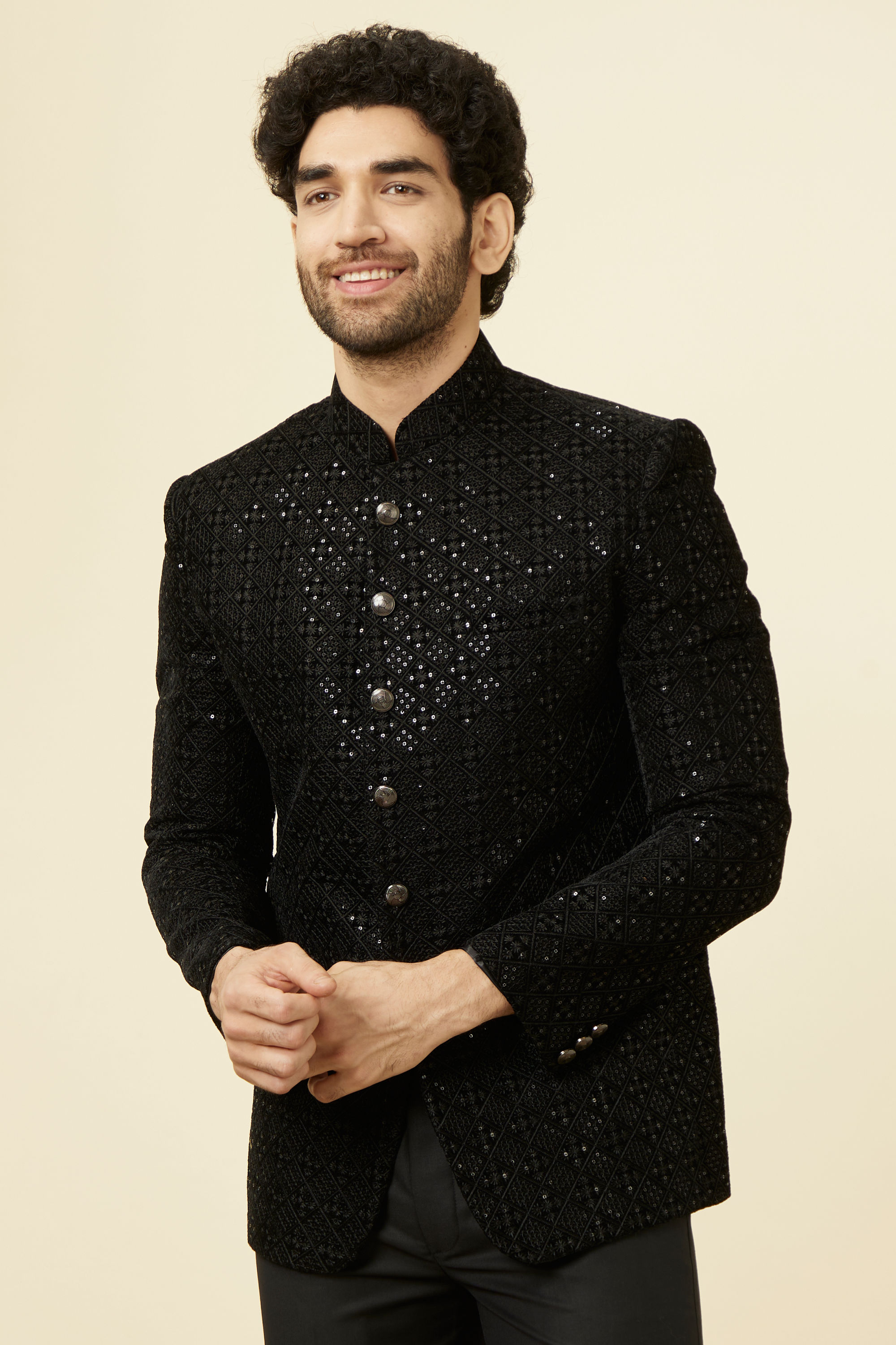 Manyavar Men Midnight Black Grid Patterned Sequined Suit