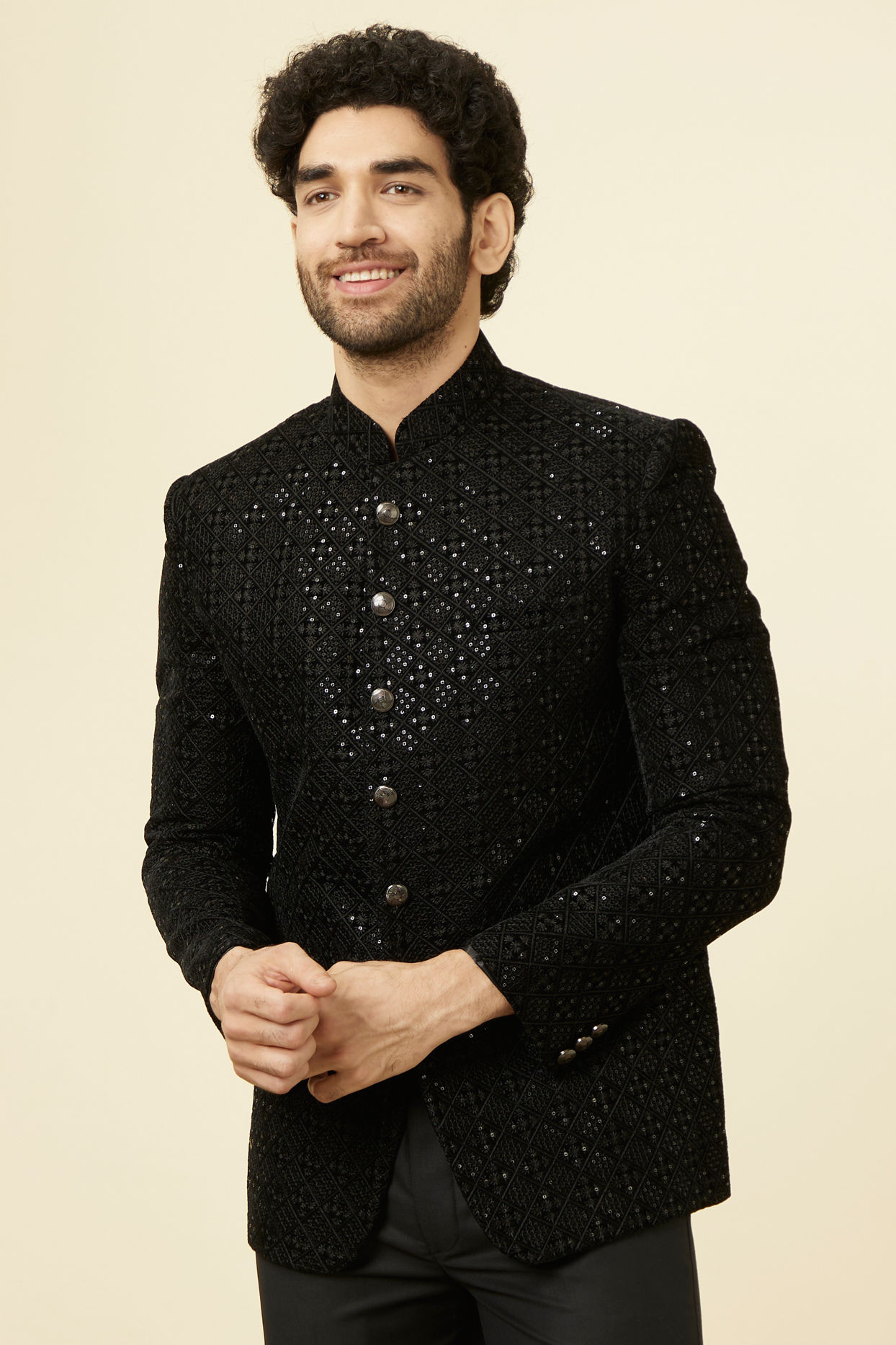 alt message - Manyavar Men Midnight Black Grid Patterned Sequined Suit image number 0