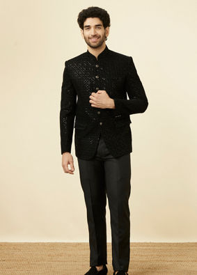 alt message - Manyavar Men Midnight Black Grid Patterned Sequined Suit image number 2