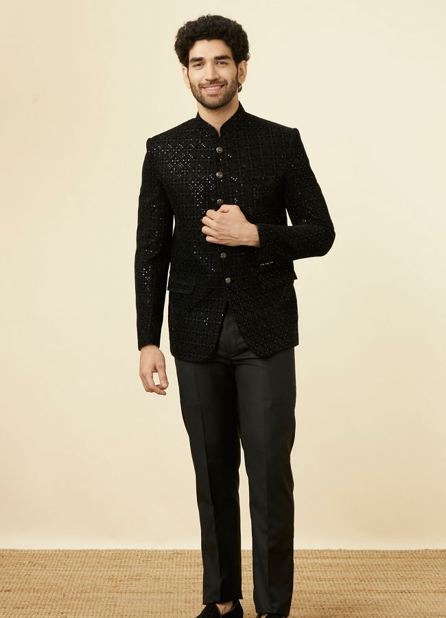 alt message - Manyavar Men Midnight Black Grid Patterned Sequined Suit image number 2