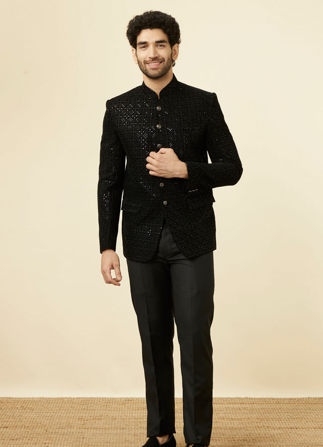 Black Sequin Textured Jodhpuri Suit image number 2