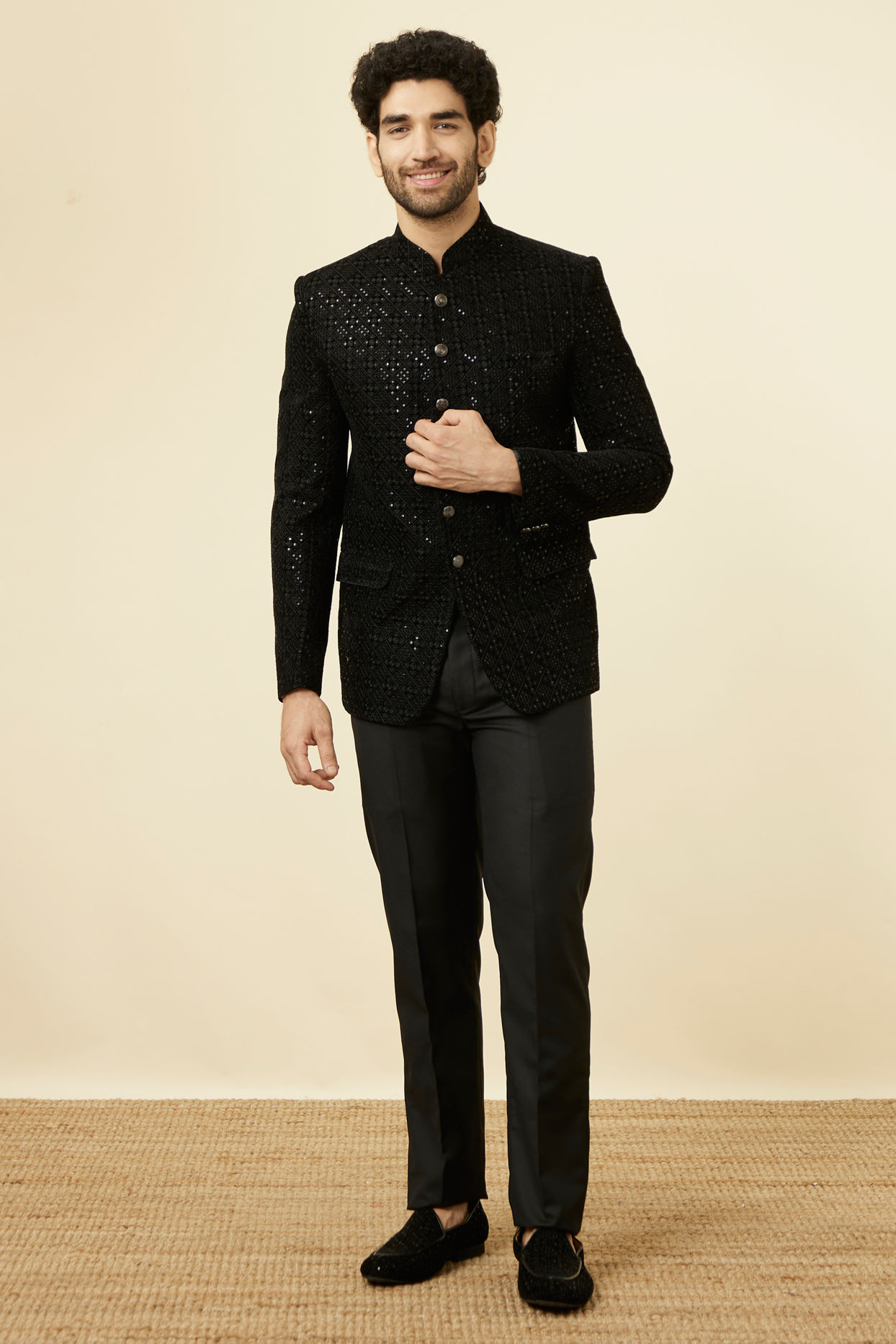 alt message - Manyavar Men Midnight Black Grid Patterned Sequined Suit image number 2