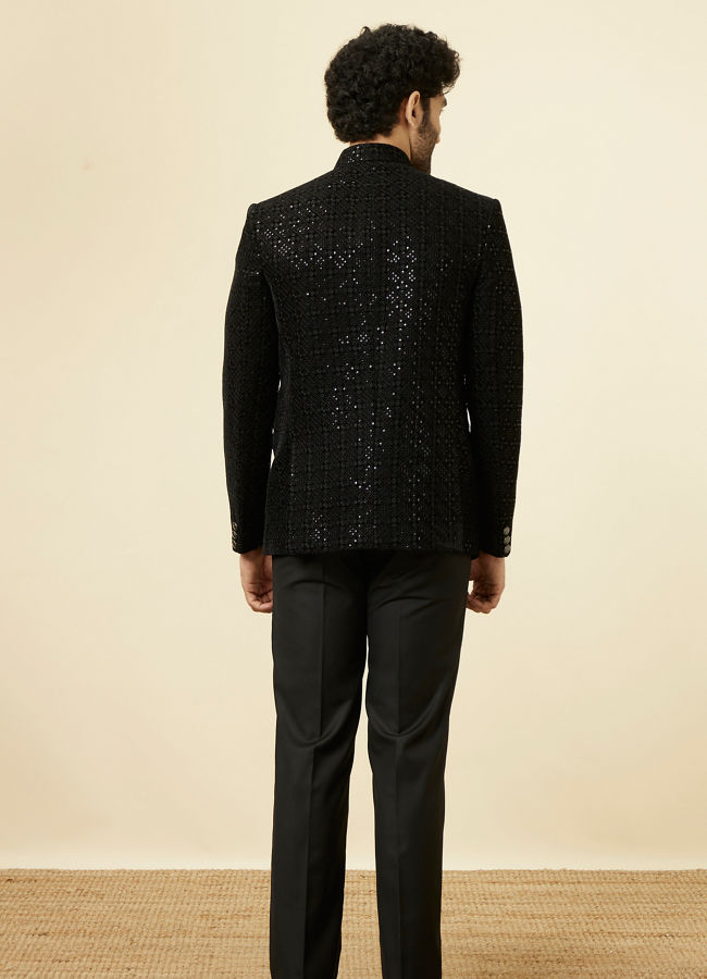 alt message - Manyavar Men Midnight Black Grid Patterned Sequined Suit image number 4