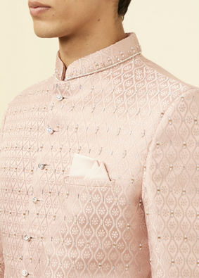 Manyavar Men Cream Pink Ogee Patterned Suit