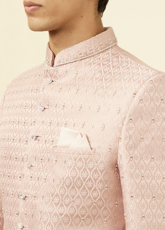 Manyavar Men Cream Pink Ogee Patterned Suit