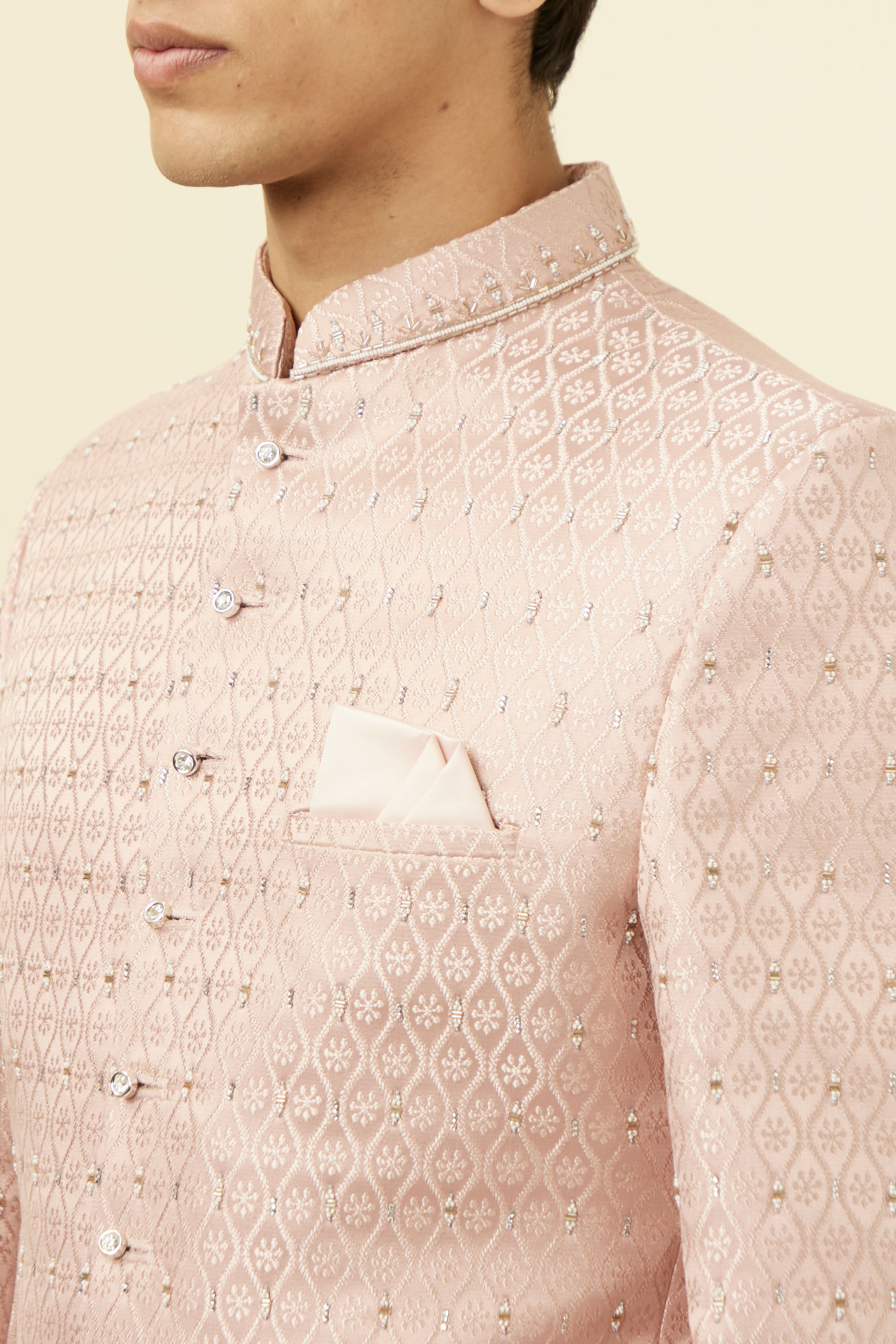 Manyavar Men Cream Pink Ogee Patterned Suit