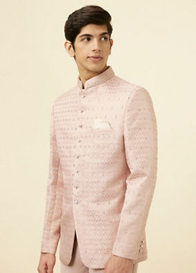 Manyavar Men Cream Pink Ogee Patterned Suit
