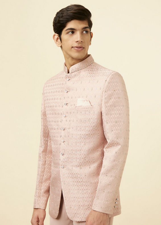 Manyavar Men Cream Pink Ogee Patterned Suit