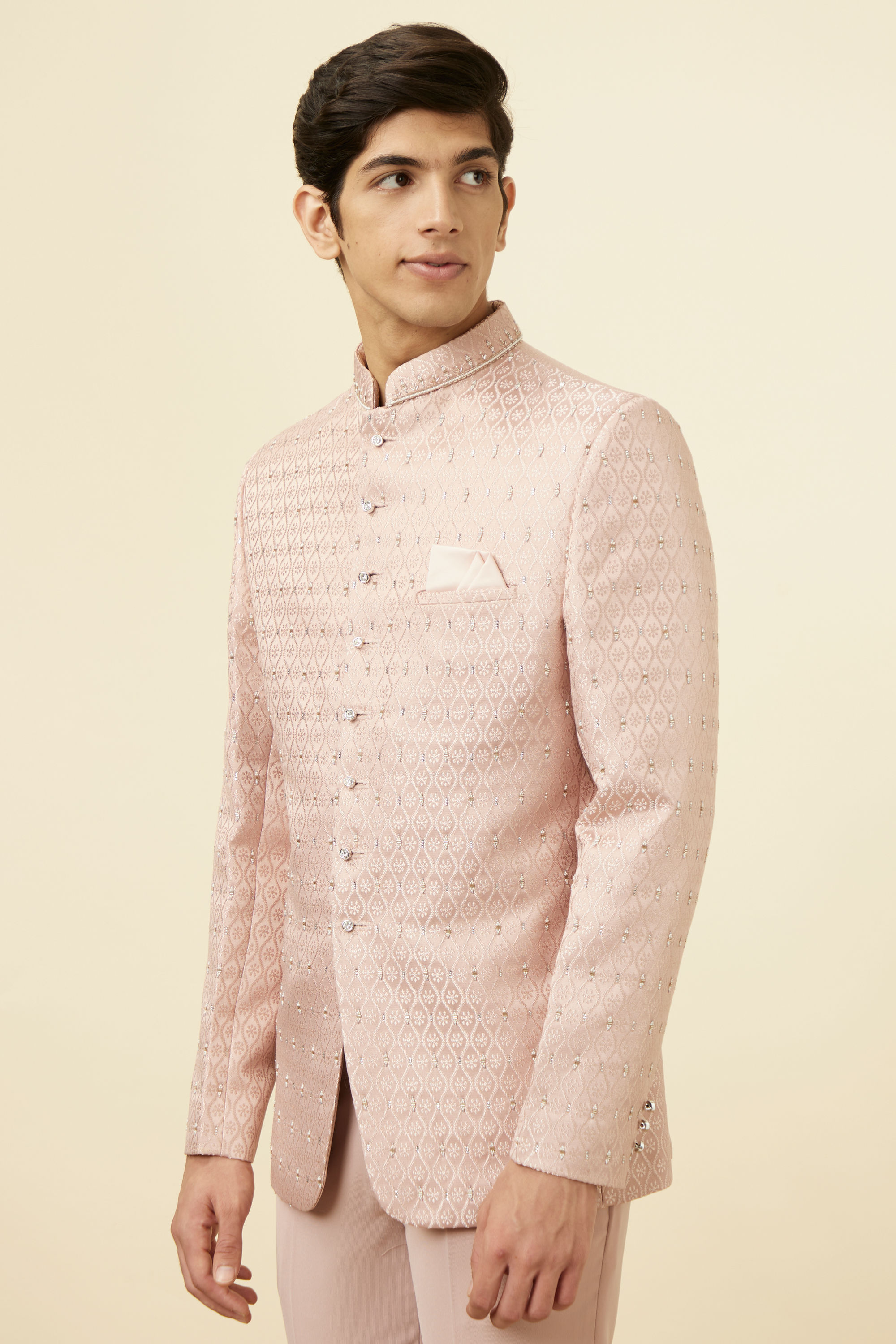 Manyavar Men Cream Pink Ogee Patterned Suit