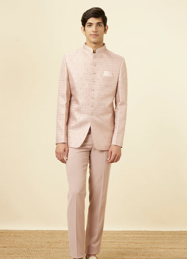 alt message - Manyavar Men Cream Pink Ogee Patterned Suit image number 2