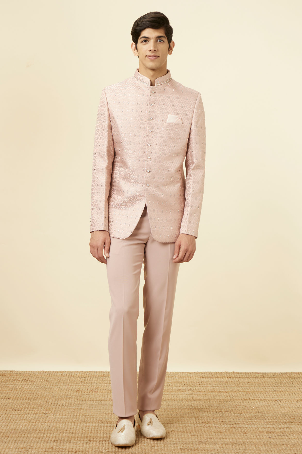 alt message - Manyavar Men Cream Pink Ogee Patterned Suit image number 2