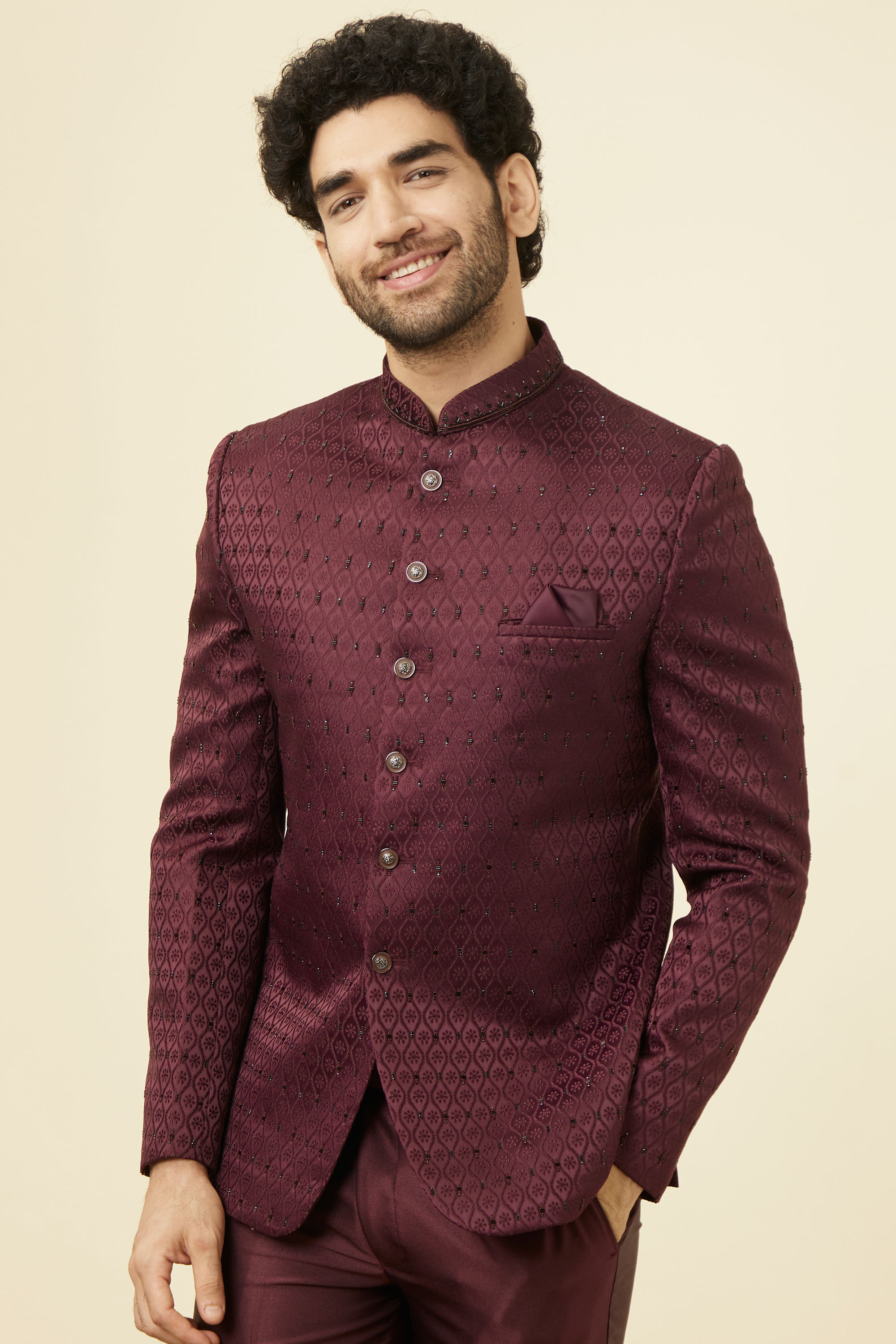 Manyavar Men Windsor Wine Ogee Patterned Suit