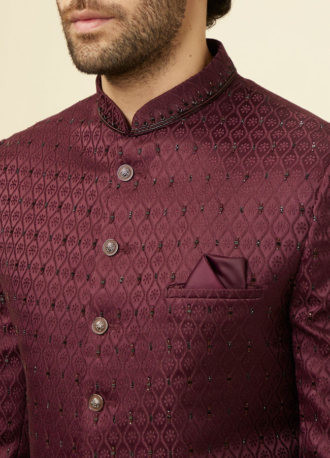 alt message - Manyavar Men Windsor Wine Ogee Patterned Suit image number 1