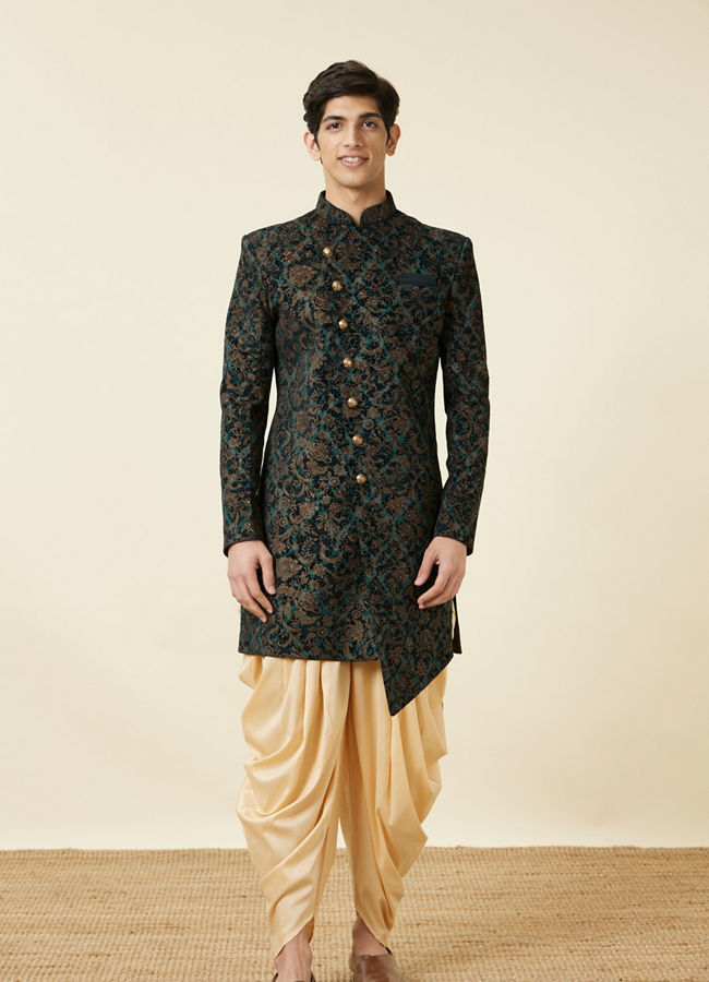 alt message - Manyavar Men Emerald Green Angrakha Style Indo Western Set image number 2