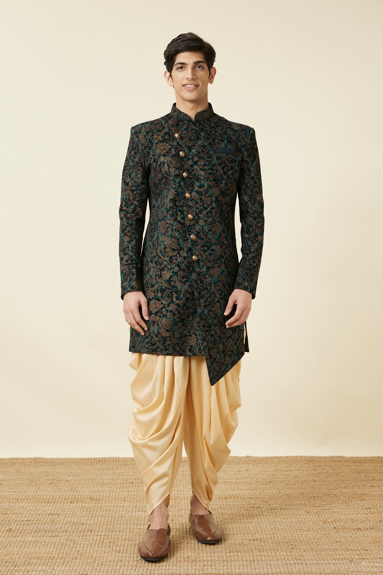 alt message - Manyavar Men Emerald Green Angrakha Style Indo Western Set image number 2