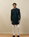 Manyavar Men Deep Peacock Blue Diamond Patterned Indo Western Set