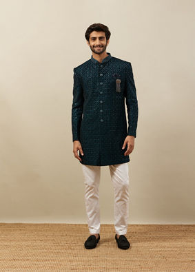 alt message - Manyavar Men Deep Peacock Blue Diamond Patterned Indo Western Set image number 2