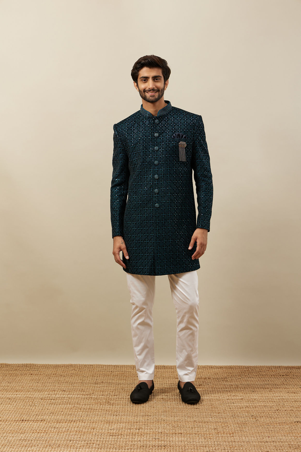Manyavar Men Deep Peacock Blue Diamond Patterned Indo Western Set