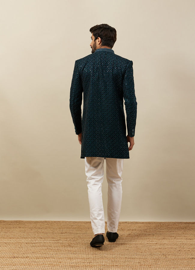 alt message - Manyavar Men Deep Peacock Blue Diamond Patterned Indo Western Set image number 4