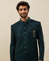 alt message - Manyavar Men Deep Peacock Blue Diamond Patterned Indo Western Set image number 0