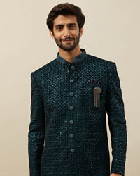 Manyavar Men Deep Peacock Blue Diamond Patterned Indo Western Set