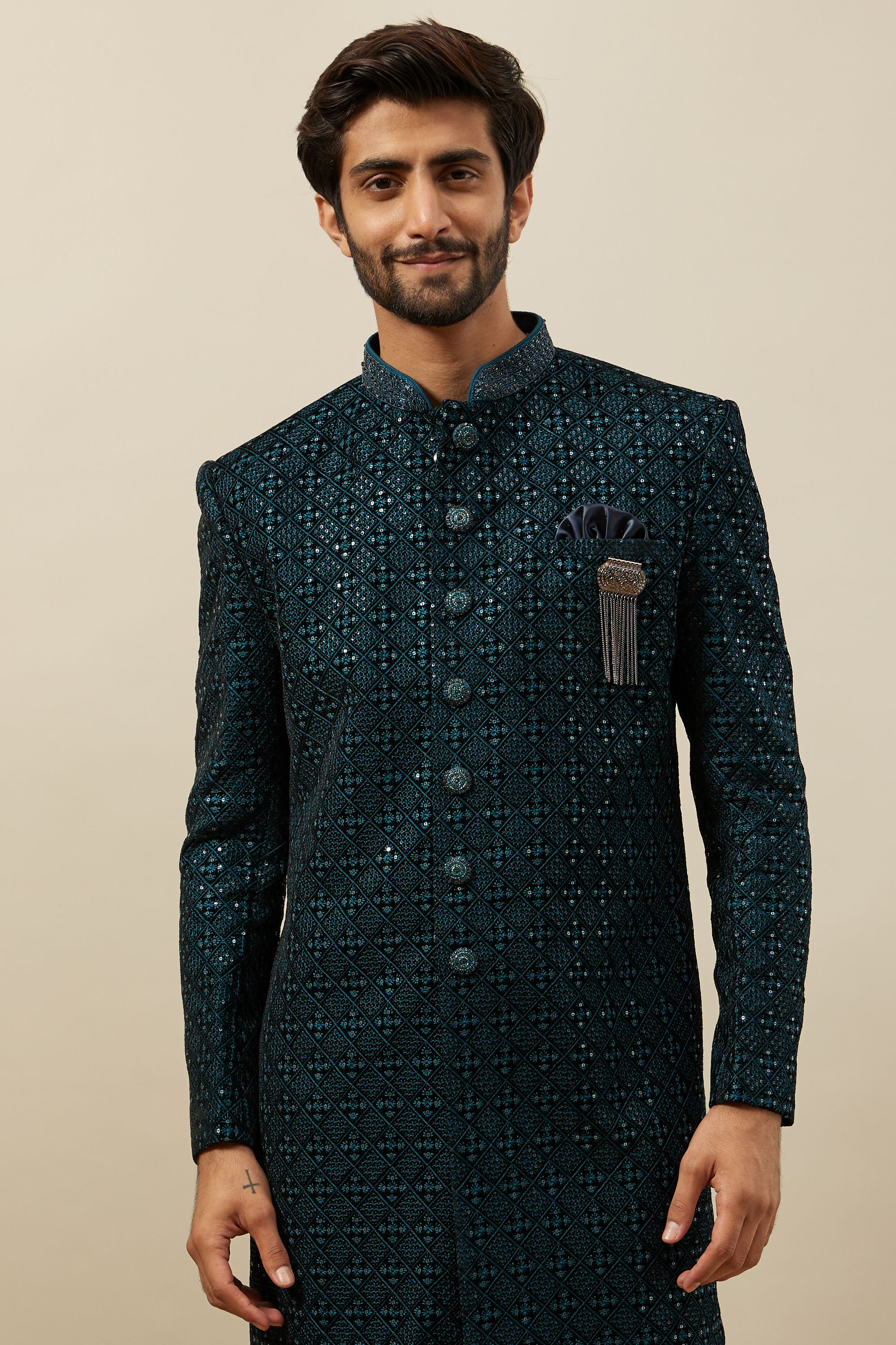 Manyavar Men Deep Peacock Blue Diamond Patterned Indo Western Set