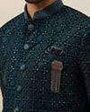 Manyavar Men Deep Peacock Blue Diamond Patterned Indo Western Set