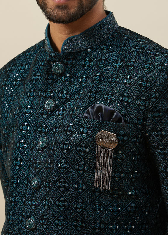 Manyavar Men Deep Peacock Blue Diamond Patterned Indo Western Set