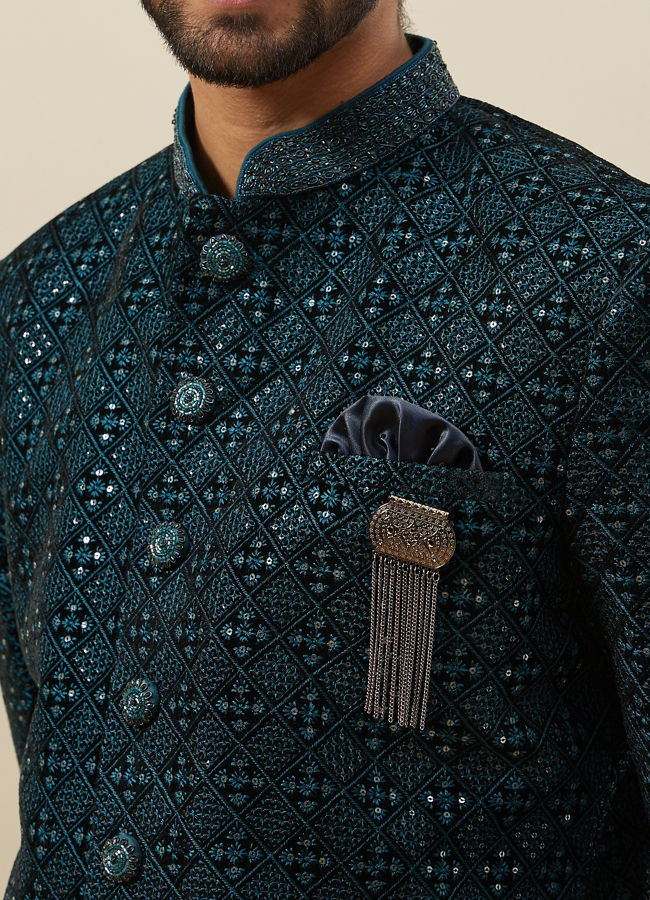 alt message - Manyavar Men Deep Peacock Blue Diamond Patterned Indo Western Set image number 1