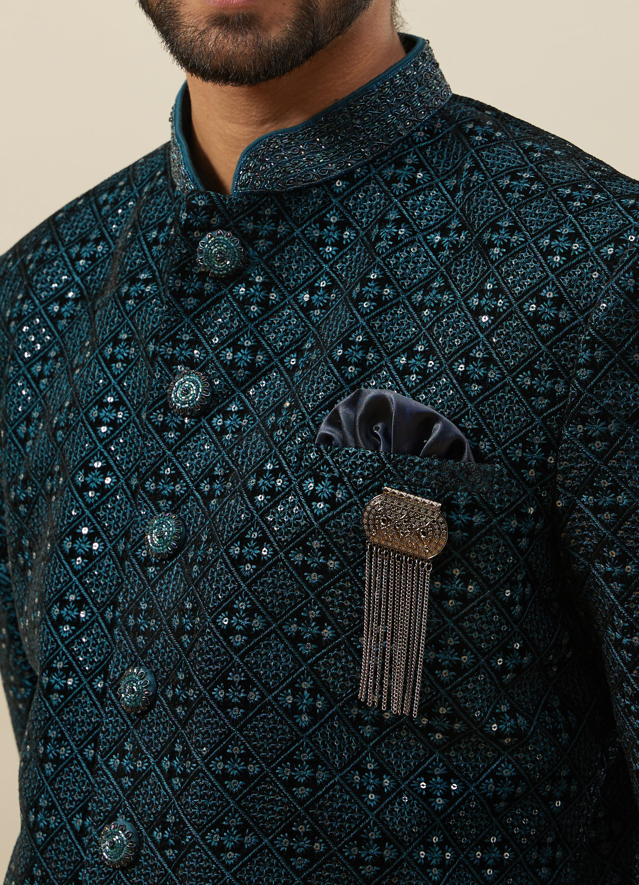 Manyavar Men Deep Peacock Blue Diamond Patterned Indo Western Set