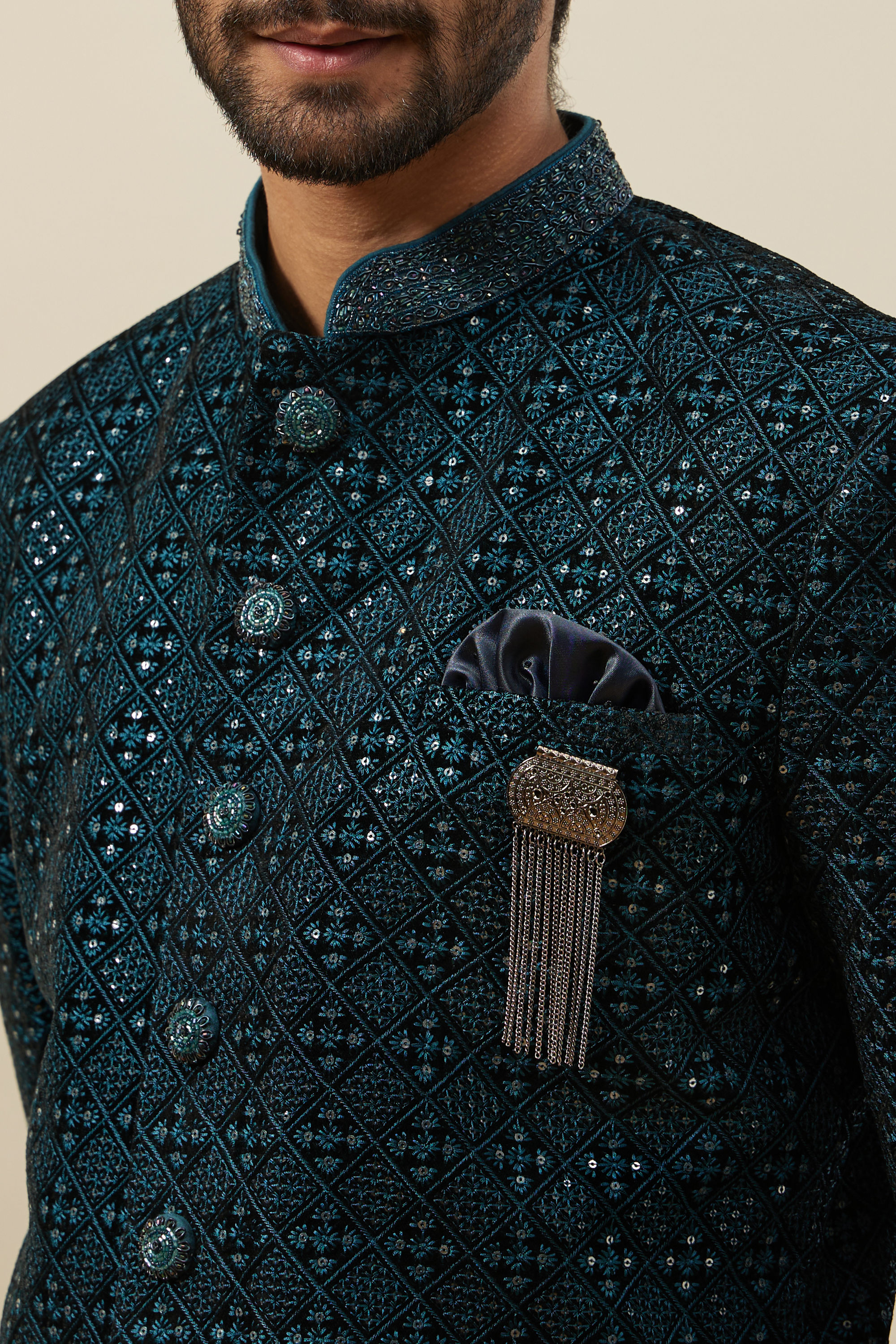 Manyavar Men Deep Peacock Blue Diamond Patterned Indo Western Set