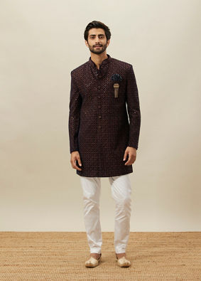 Manyavar Men Deep Mahogany Brown Geometric Patterned Indo Jacket image number 1