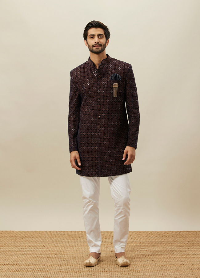 Manyavar Men Deep Mahogany Brown Geometric Patterned Indo Jacket image number 1