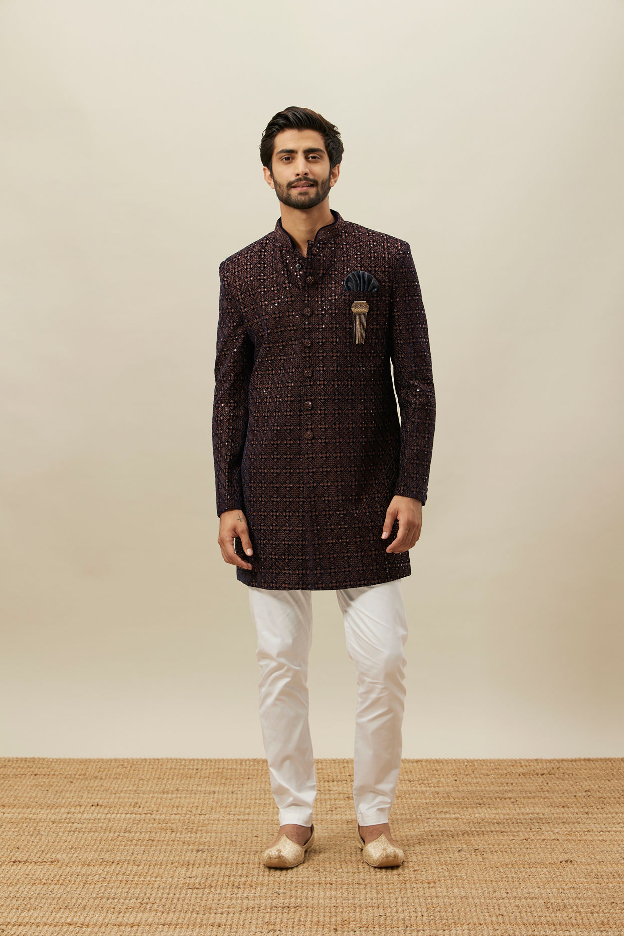 Manyavar Men Deep Mahogany Brown Geometric Patterned Indo Jacket image number 1