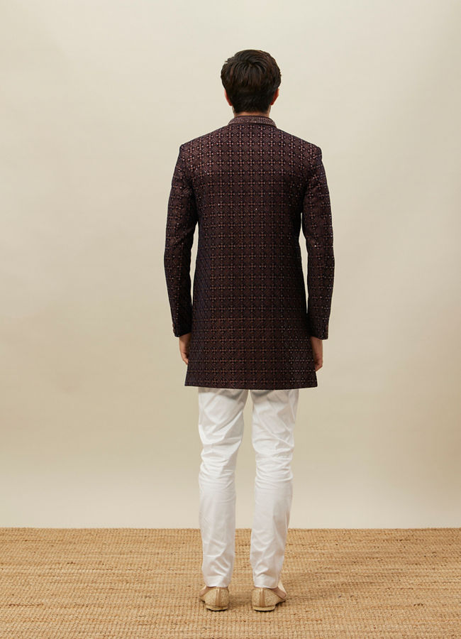 Manyavar Men Deep Mahogany Brown Geometric Patterned Indo Jacket image number 3